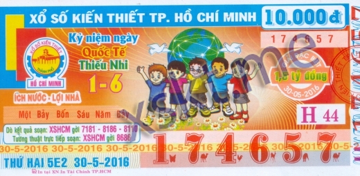 Mẫu vé sô xổ số Hồ Chí Minh ngày 30/5/2016