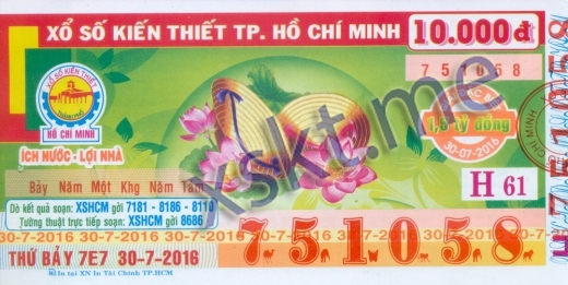 Mẫu vé sô xổ số Hồ Chí Minh ngày 30/7/2016