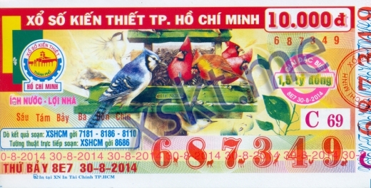 Mẫu vé sô xổ số Hồ Chí Minh ngày 30/8/2014