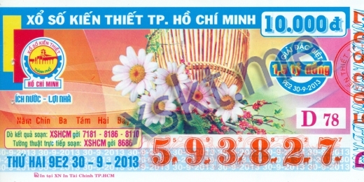 Mẫu vé sô xổ số Hồ Chí Minh ngày 30/9/2013