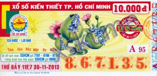 Mẫu vé sô xổ số Hồ Chí Minh ngày 30/11/2013