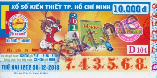 Mẫu vé sô xổ số Hồ Chí Minh ngày 30/12/2013