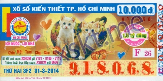 Mẫu vé sô xổ số Hồ Chí Minh ngày 31/3/2014