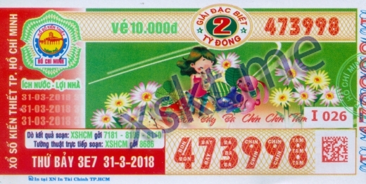 Mẫu vé sô xổ số Hồ Chí Minh ngày 31/3/2018