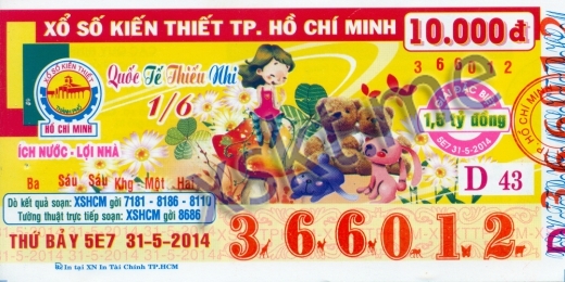 Mẫu vé sô xổ số Hồ Chí Minh ngày 31/5/2014