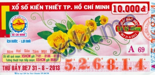 Mẫu vé sô xổ số Hồ Chí Minh ngày 31/8/2013
