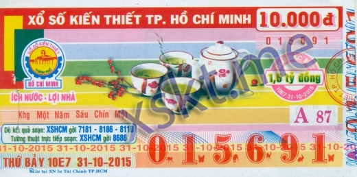 Mẫu vé sô xổ số Hồ Chí Minh ngày 31/10/2015