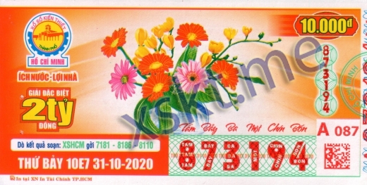Mẫu vé sô xổ số Hồ Chí Minh ngày 31/10/2020