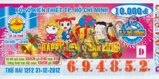 Mẫu vé sô xổ số Hồ Chí Minh ngày 31/12/2012