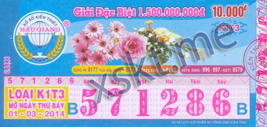 Mẫu vé sô xổ số Hậu Giang ngày 1/3/2014