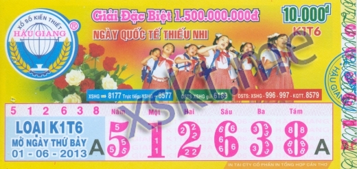 Mẫu vé sô xổ số Hậu Giang ngày 1/6/2013