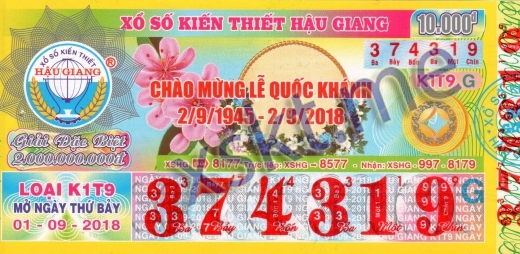 Mẫu vé sô xổ số Hậu Giang ngày 1/9/2018