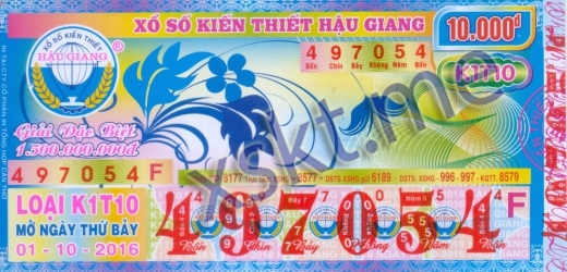 Mẫu vé sô xổ số Hậu Giang ngày 1/10/2016