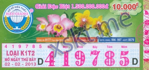 Mẫu vé sô xổ số Hậu Giang ngày 2/2/2013