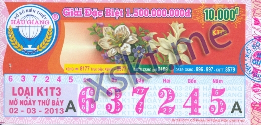 Mẫu vé sô xổ số Hậu Giang ngày 2/3/2013
