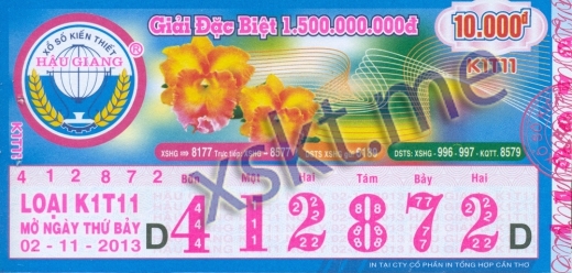 Mẫu vé sô xổ số Hậu Giang ngày 2/11/2013