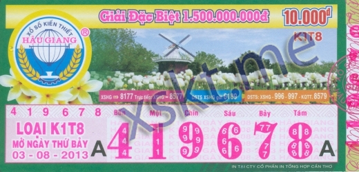 Mẫu vé sô xổ số Hậu Giang ngày 3/8/2013