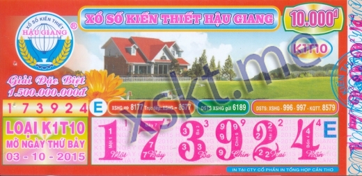 Mẫu vé sô xổ số Hậu Giang ngày 3/10/2015