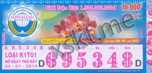 Mẫu vé sô xổ số Hậu Giang ngày 4/1/2014