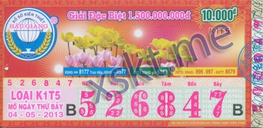 Mẫu vé sô xổ số Hậu Giang ngày 4/5/2013