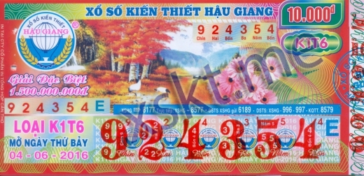 Mẫu vé sô xổ số Hậu Giang ngày 4/6/2016