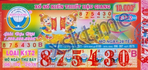 Mẫu vé sô xổ số Hậu Giang ngày 6/2/2016