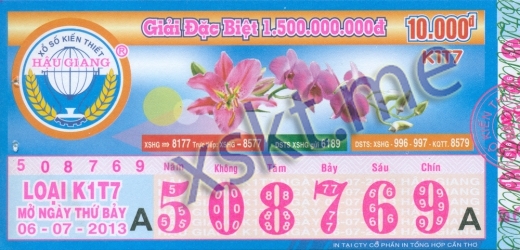 Mẫu vé sô xổ số Hậu Giang ngày 6/7/2013