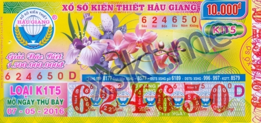 Mẫu vé sô xổ số Hậu Giang ngày 7/5/2016