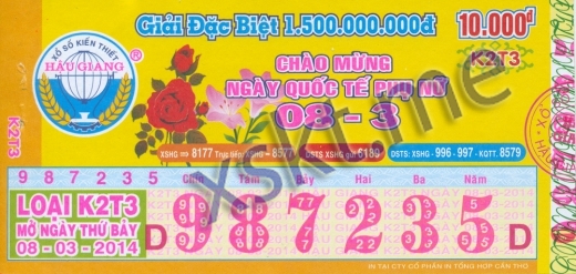 Mẫu vé sô xổ số Hậu Giang ngày 8/3/2014