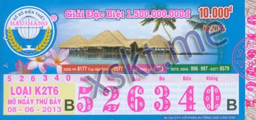 Mẫu vé sô xổ số Hậu Giang ngày 8/6/2013