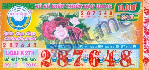 Mẫu vé sô xổ số Hậu Giang ngày 9/1/2016