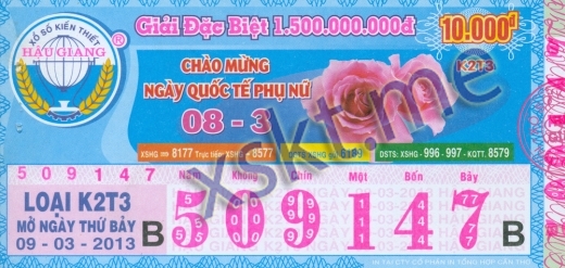 Mẫu vé sô xổ số Hậu Giang ngày 9/3/2013