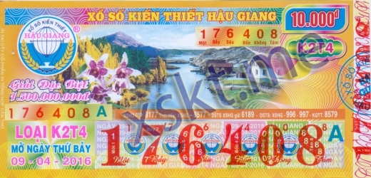 Mẫu vé sô xổ số Hậu Giang ngày 9/4/2016