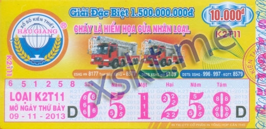Mẫu vé sô xổ số Hậu Giang ngày 9/11/2013