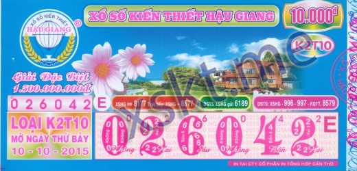 Mẫu vé sô xổ số Hậu Giang ngày 10/10/2015