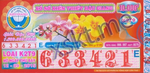 Mẫu vé sô xổ số Hậu Giang ngày 12/9/2015
