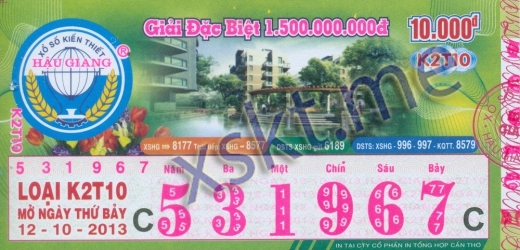Mẫu vé sô xổ số Hậu Giang ngày 12/10/2013