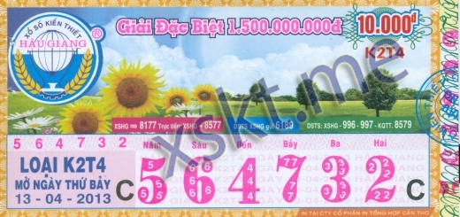 Mẫu vé sô xổ số Hậu Giang ngày 13/4/2013