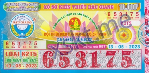 Mẫu vé sô xổ số Hậu Giang ngày 13/5/2023