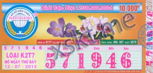 Mẫu vé sô xổ số Hậu Giang ngày 13/7/2013