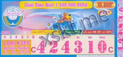 Mẫu vé sô xổ số Hậu Giang ngày 13/9/2014