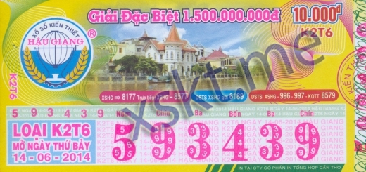 Mẫu vé sô xổ số Hậu Giang ngày 14/6/2014