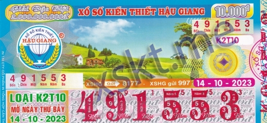 Mẫu vé sô xổ số Hậu Giang ngày 14/10/2023