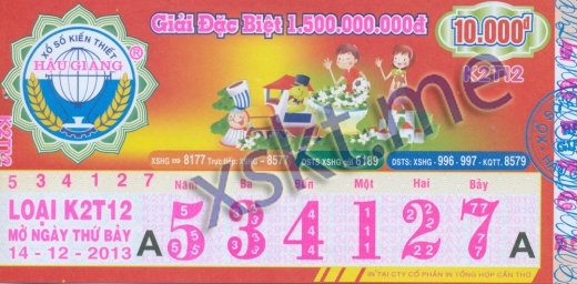 Mẫu vé sô xổ số Hậu Giang ngày 14/12/2013