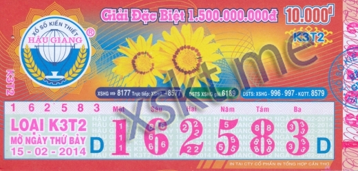 Mẫu vé sô xổ số Hậu Giang ngày 15/2/2014