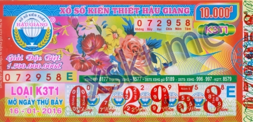 Mẫu vé sô xổ số Hậu Giang ngày 16/1/2016