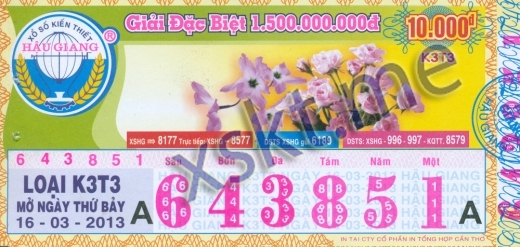 Mẫu vé sô xổ số Hậu Giang ngày 16/3/2013