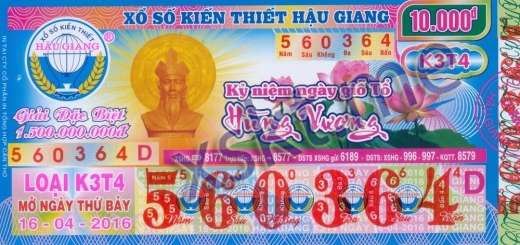 Mẫu vé sô xổ số Hậu Giang ngày 16/4/2016