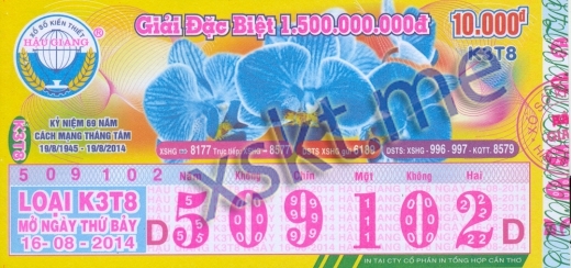 Mẫu vé sô xổ số Hậu Giang ngày 16/8/2014