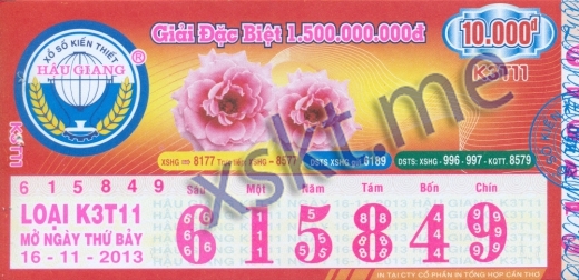 Mẫu vé sô xổ số Hậu Giang ngày 16/11/2013
